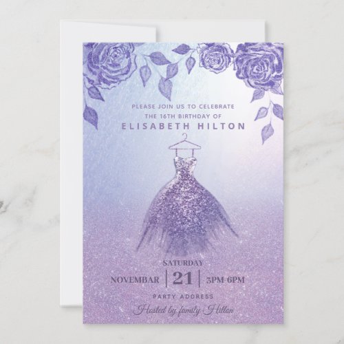 Lilac roses modern Glitter dress sweet sixteen Invitation