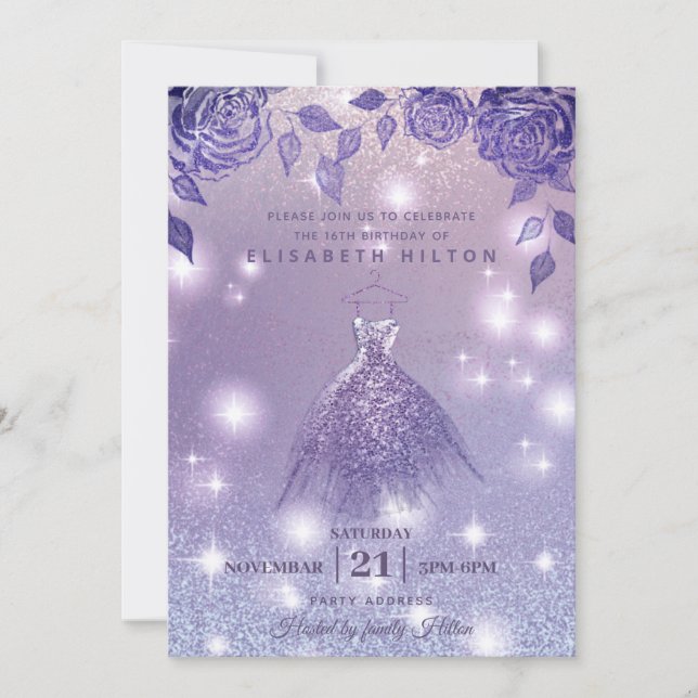 Lilac roses modern Glitter dress sweet sixteen Invitation (Front)