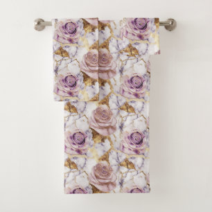Lilac Roses on Antique Gold Marble Bath Towel Set