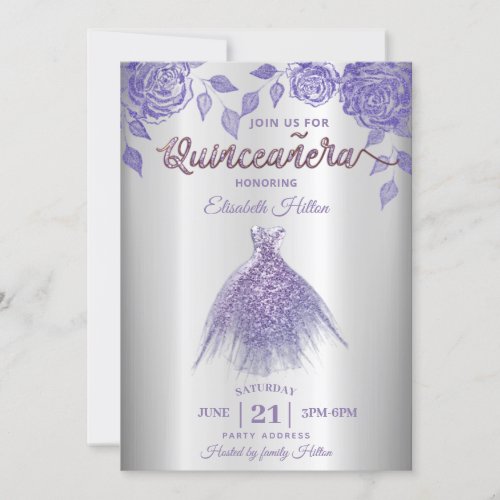 Lilac roses romantic Glitter dress  Quinceaera  I Invitation