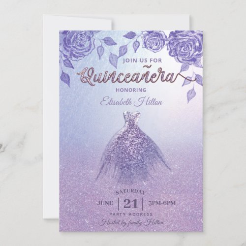 Lilac roses romantic Glitter dress  Quinceaera Invitation
