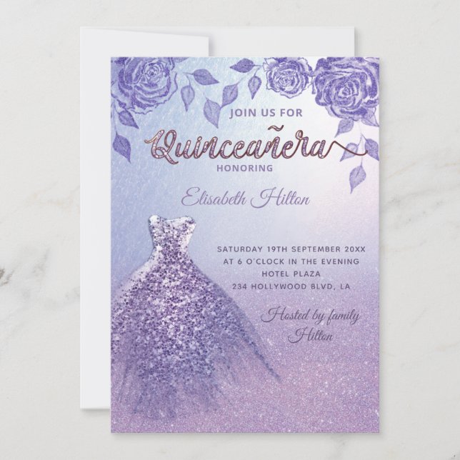 Lilac roses romantic Glitter dress  Quinceañera  Invitation (Front)