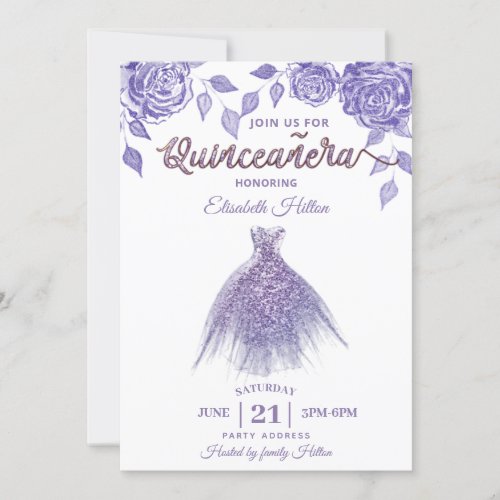 Lilac roses romantic Glitter dress  Quinceaera  Invitation