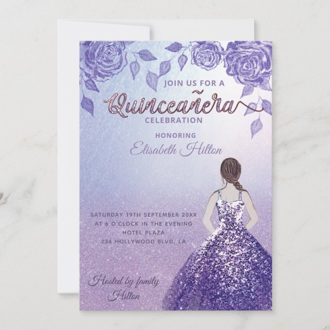 Lilac roses romantic Glitter dress  Quinceañera Invitation (Front)