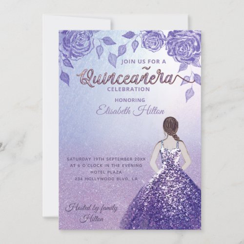 Lilac roses romantic Glitter dress  Quinceaera Invitation