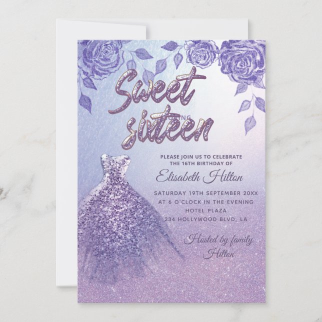 Lilac roses romantic Glitter dress Sweet 16 Invitation (Front)