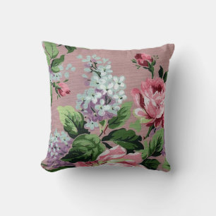 Lilac & Roses Vintage Wallpaper Print Throw Pillow
