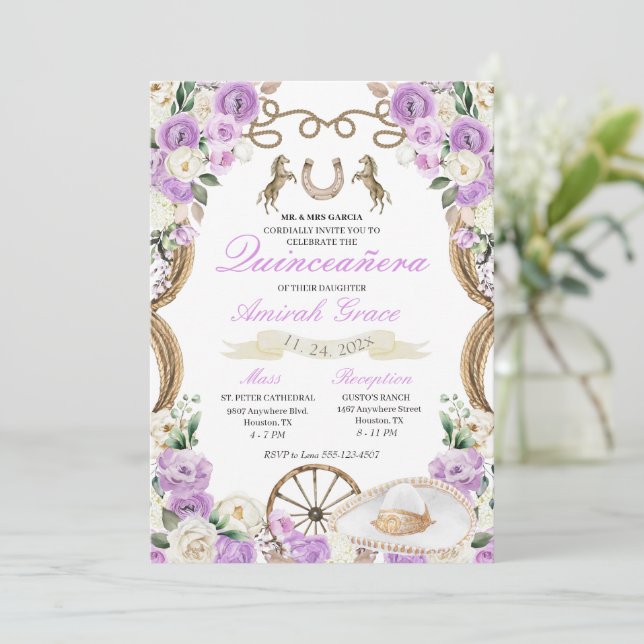Lilac Roses Western Charro Cowgirl Quinceañera Invitation (Standing Front)