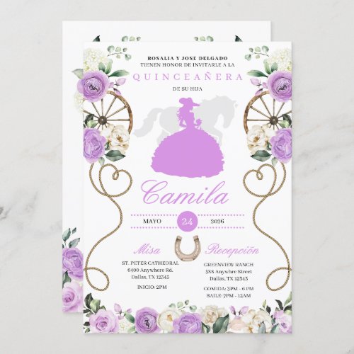 Lilac Roses Western Mariachi Charro Quinceaera Invitation