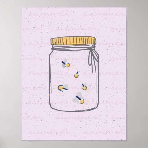 Lilac Rough Sketch Fireflies in Mason Jar Poster