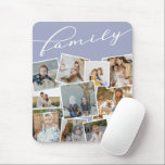 Lilac Scattered Photos Photo Collage Family Mouse Pad<br><div class="desc">Family mouse pad in pale purple with family written in calligraphy across the top. Beneath,  a photo collage of scattered square photos framed by white.</div>