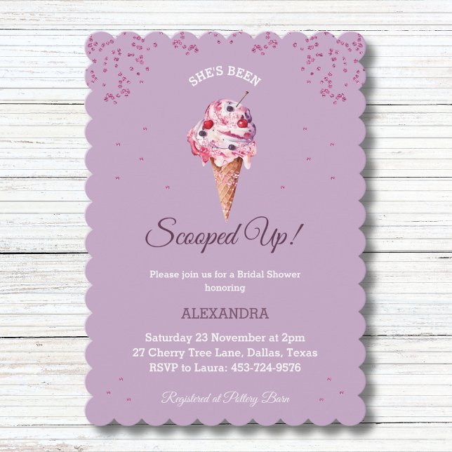 Lilac Scooped Up, Glitter Ice Cream Bridal Shower Invitation (Creator Uploaded)