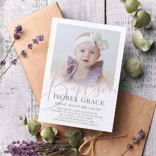 Lilac Script Photo Baptism Invitation