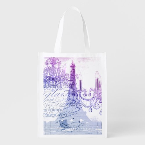 lilac scripts chandelier paris eiffel tower reusable grocery bag