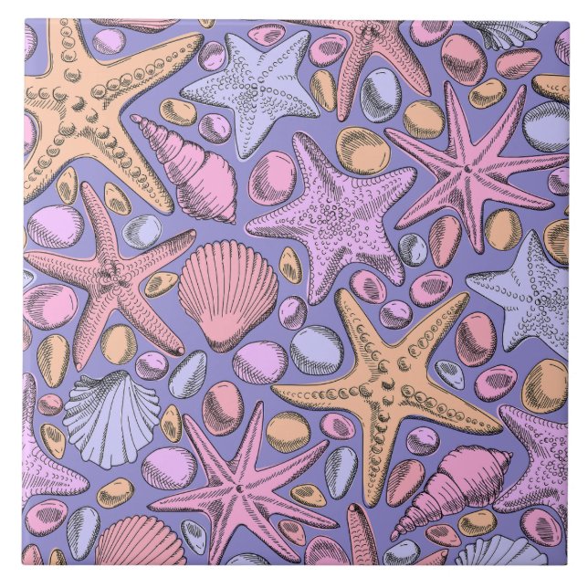 Lilac Seashell & Star Bathroom Art Ceramic Tile (Front)