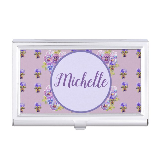 Lilac Shabby Violas and Pansies Business Card Case (Front)
