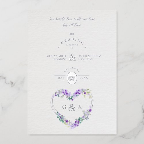 Lilac Shades Heart Luxury Romantic Botanical  Foil Invitation