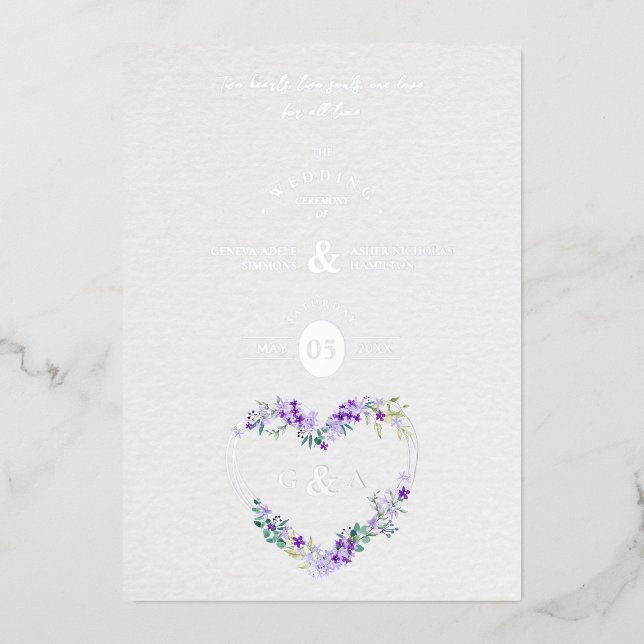 Lilac Shades Heart Luxury Romantic Botanical  Foil Invitation (Front)