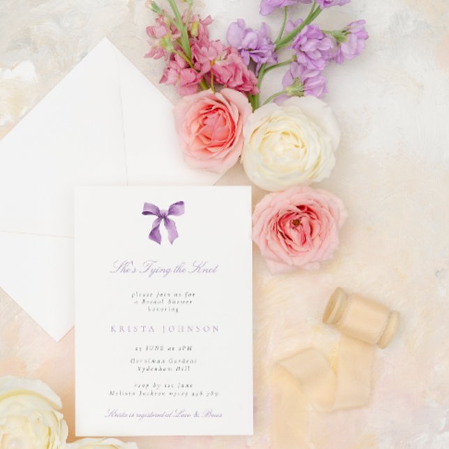 Lilac She's Tying the Knot Bow Bridal Shower Invitation (Creator Uploaded)