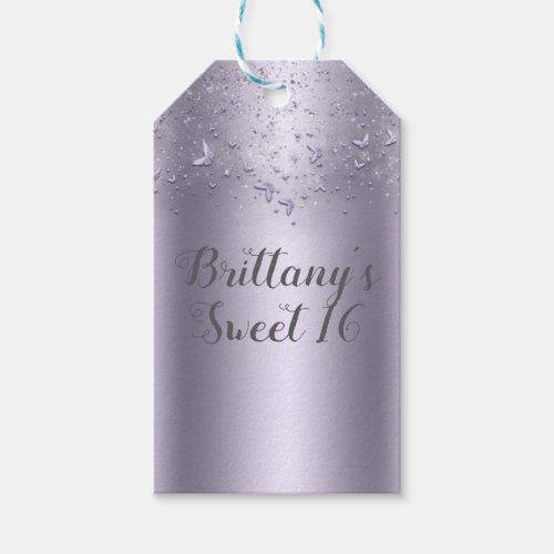 Lilac Shimmer Flutter Butterfly Sweet 16 Party Gift Tags