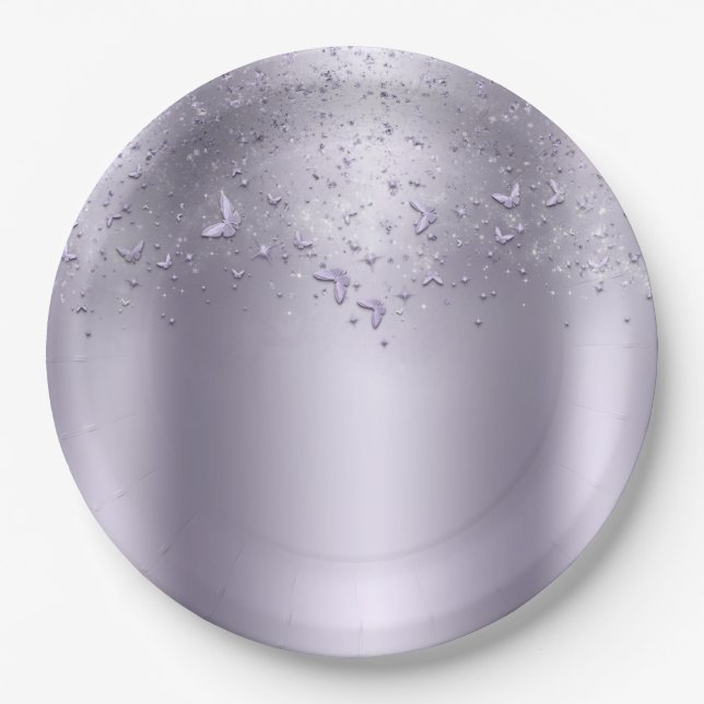 Lilac Shimmer Flutter Butterfly Sweet 16 Party Paper Plates (Front)