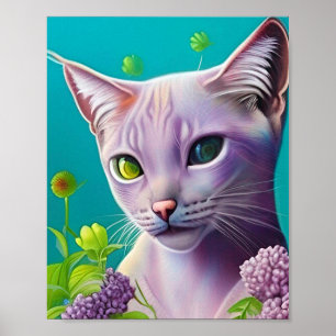 Lilac Siamese cat in Lilac flowers on Teal Poster