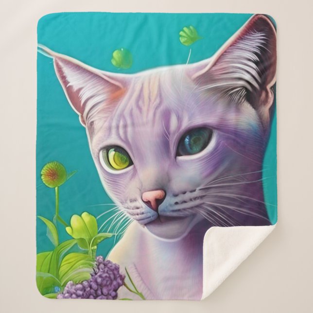 Lilac Siamese cat in Lilac flowers on Teal Sherpa Blanket (Front)