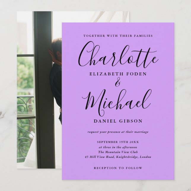 Lilac Signature Script Photo Wedding Invitation (Front/Back)