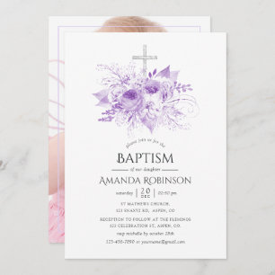 Lilac & Silver Floral Baptism or Christening Photo Invitation