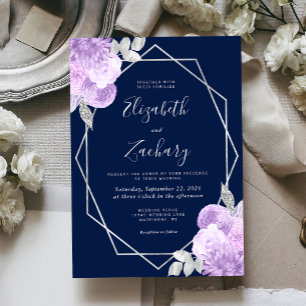 Lilac Silver Floral Navy Blue Wedding Invitation