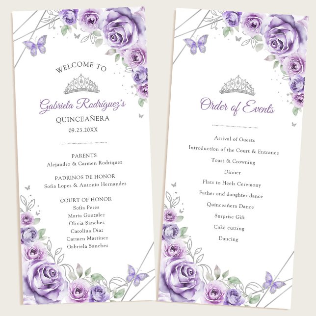 Lilac Silver Floral Quinceanera Order of Events Program (Creator Uploaded)