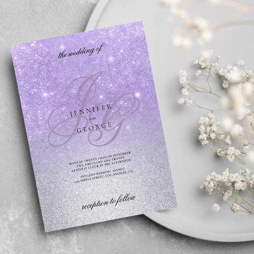 Lilac silver monogram inital ombre glitter wedding invitation