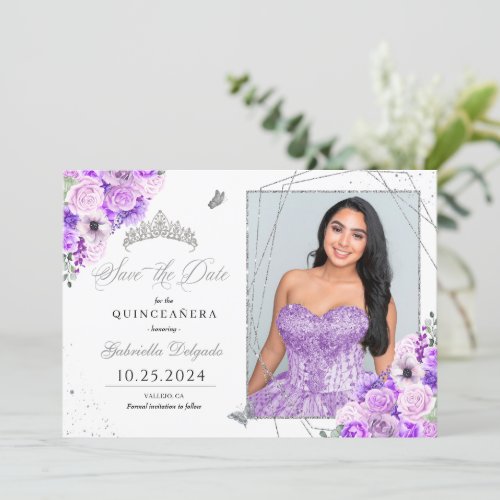 Lilac Silver Photo Card Quinceaera Save The Date