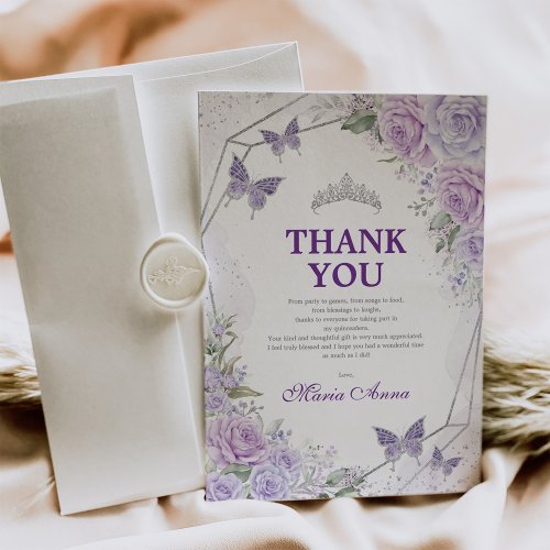 Lilac Silver Quinceaera Butterfly Thank You Card