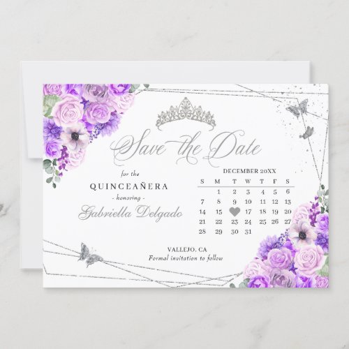 Lilac  Silver Quinceaera Save The Date Invitation