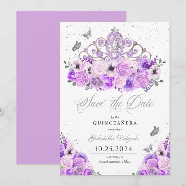 Lilac & Silver Tiara Save The Date Quinceañera Invitation (Front/Back)