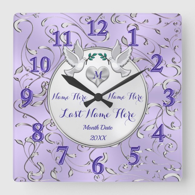 Lilac Silver White Personalized Wedding Wall Clock (Front)
