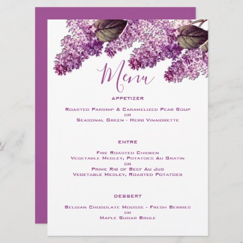 Lilac Spring Garden Wedding  Menu
