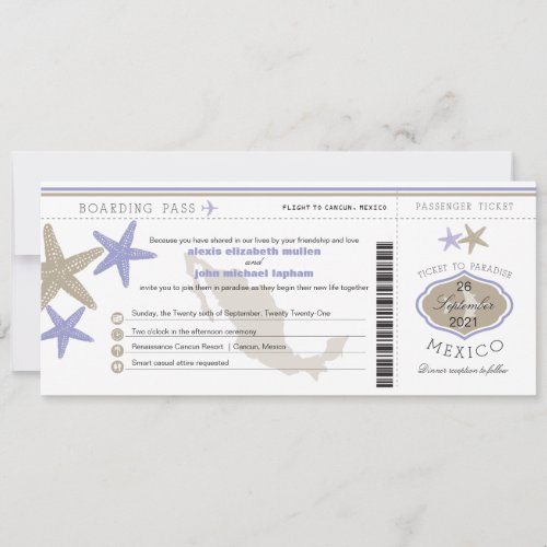 Lilac Starfish Mexico Boarding Pass Wedding Invitation