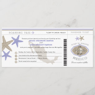 Lilac Starfish Mexico Boarding Pass Wedding Invitation