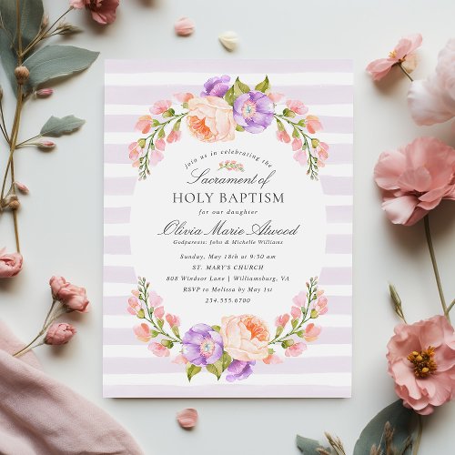 Lilac Stripe and Bloom Baby Girl Baptism Invitation