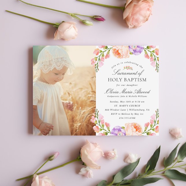 Lilac Stripe and Bloom Baby Girl Photo Baptism Invitation (Creator Uploaded)