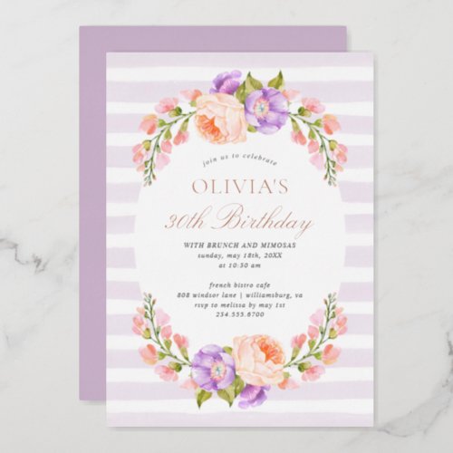 Lilac Stripe and Bloom Birthday Brunch Party Foil Invitation
