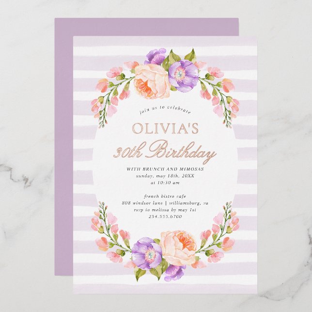 Lilac Stripe and Bloom Birthday Brunch Party Foil Invitation (Front/Back)