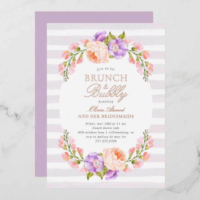 Lilac Stripe and Bloom Bridal Brunch and Bubbly Foil Invitation (Front/Back)