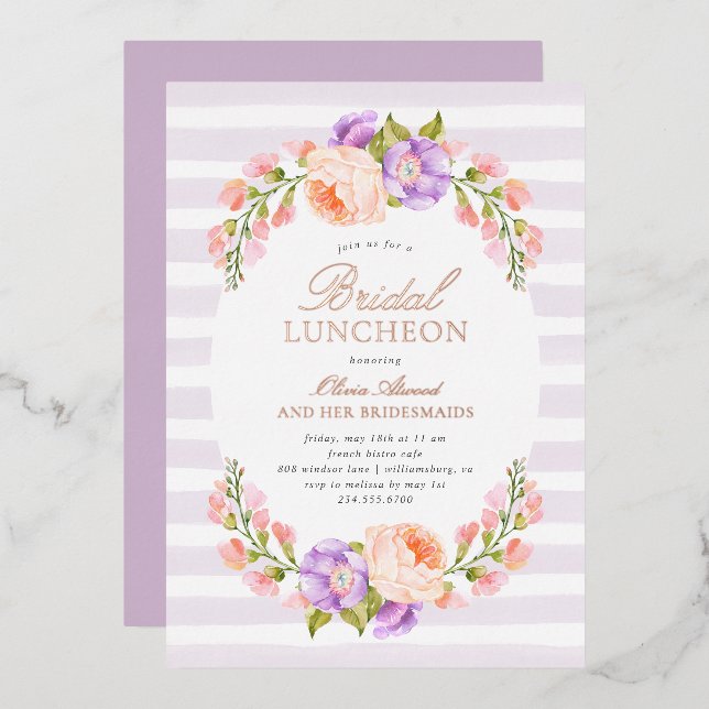 Lilac Stripe and Bloom Bridal Luncheon Foil Invitation (Front/Back)