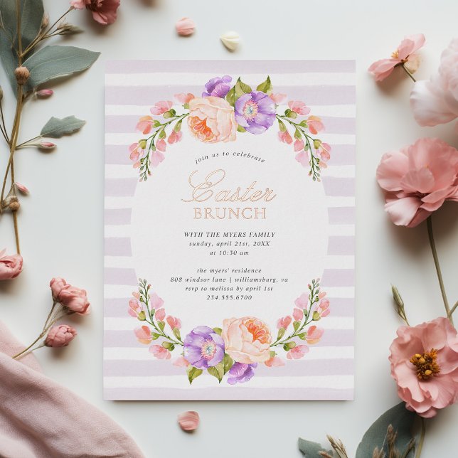 Lilac Stripe and Bloom Easter Brunch Party Foil Invitation (Creator Uploaded)