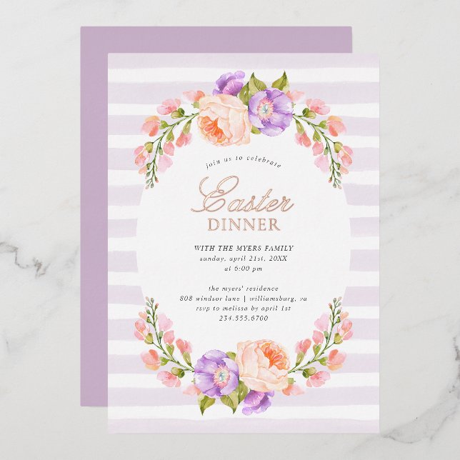 Lilac Stripe and Bloom Easter Dinner Foil Invitation (Front/Back)