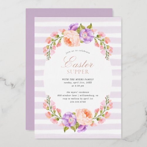 Lilac Stripe and Bloom Easter Supper Party Foil Invitation
