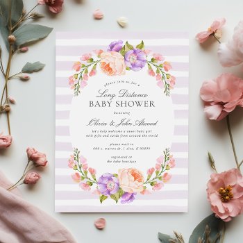 Lilac Stripe And Bloom Long Distance Baby Shower Invitation by rileyandzoe at Zazzle